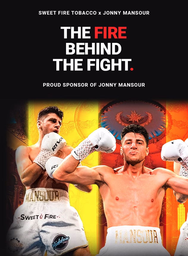 Boxer Jonny Mansour featured in a three-image collage wearing Sweet Fire Tobacco-sponsored boxing shorts.